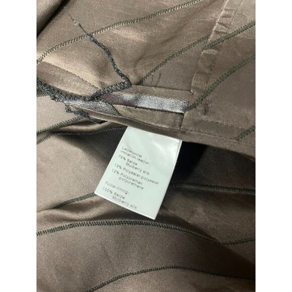 AKRIS Brown Silk Striped Faux Leather Collarless Mid-Length Galileo Coat 40 US 8 - Picture 4 of 6